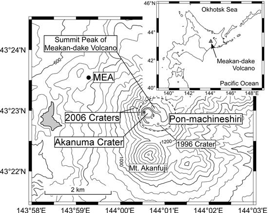 Figure 1. Contour map of Meakan-dake volcano showing location of seismic station (black circle). Contours represent 50-m elevation intervals.