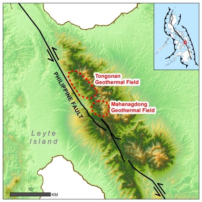 Figure 1: Geologic setting of the Leyte Geothermal Field in Leyte Island, Philippines 3. METHODS A soil radon measurement survey was conducted in two areas in Mahanagdong Geothermal Field.