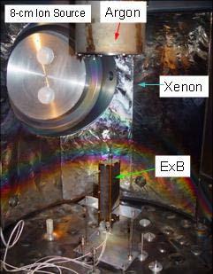 Setup of the ESA (left picture) and ExB (right picture) relative to an 8 cm diameter ion source.
