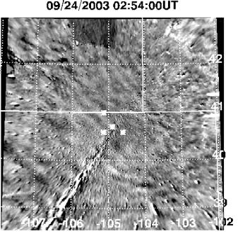 Figure 6. The OH flat-fielded images at (a) 0254, (b) 0346, (c) 0500, (d) 0600, (e) 0700, and (f) 0800 UT on day 267. The short green bars denote the observed ripple.