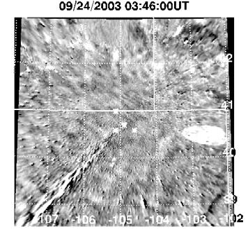 The ripples with lifetime less than 10 min and horizontal scale of 10 km were observed near the CSU lidar north beam in both frames at 0254 and 0346 UT, similar to those observed in the September