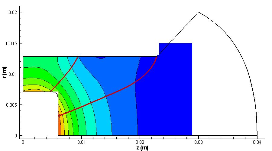 Figure 1. Plot of the computational domain. Two representative field lines are shown by thick black line. We considered the right-most line in the kinetic simulation.