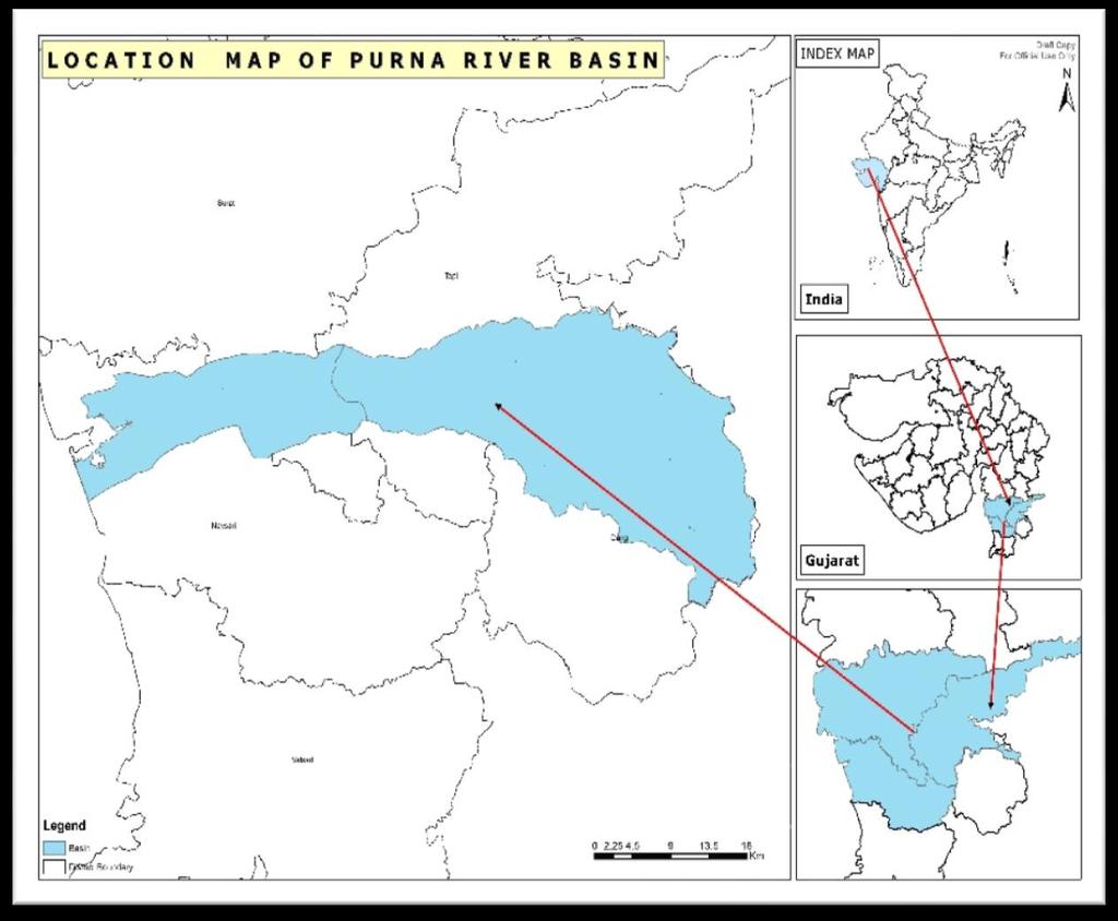 II. STUDY AREA In fig 2 the location map of Purna basin is shown. The basin lies between 72 45 to 74 00 East longitude and 20 41 to 21 05 North latitude.