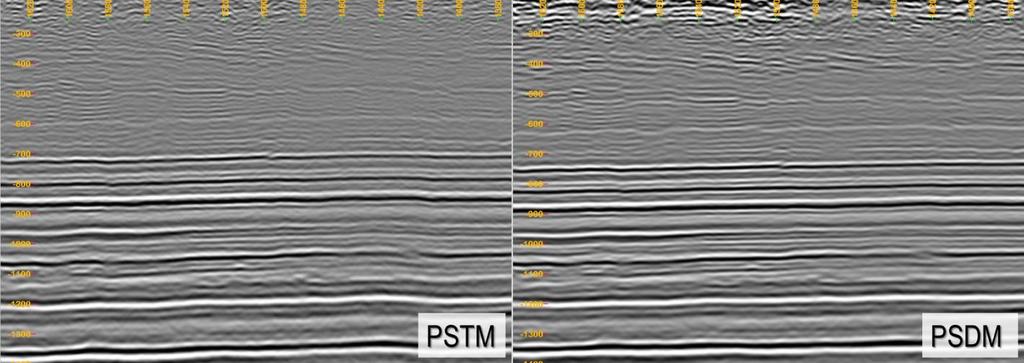 Figure 2: Zoomed-in view of the shallow section. Note the PSDM section on the right is cleaner and more resolved with the steep faults being better imaged.