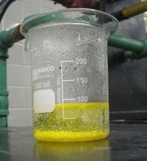 Lead nitrate solution reacts with potassium iodide solution. The reaction produces a solid. Figure shows the reaction occurring. Figure Lead Iodide By Der Kreole (own work) (CC-BY-3.