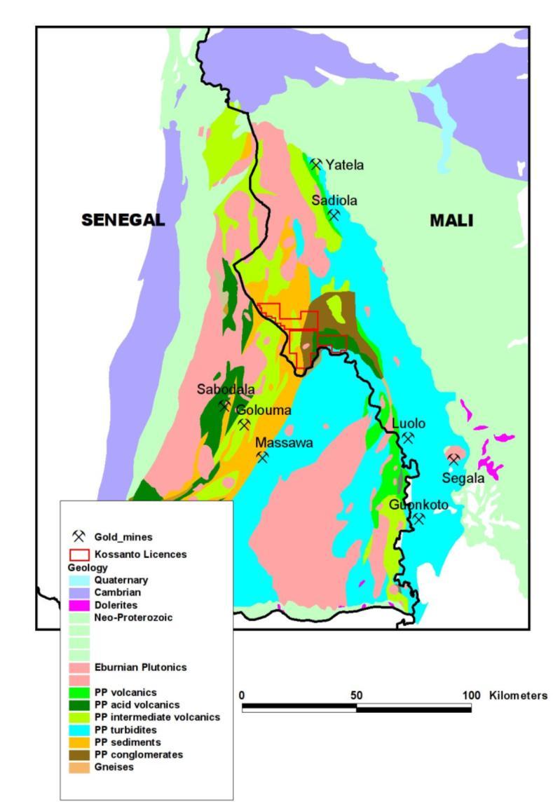 Figure 1. Generalised geology of the Kedougou-Kenieba Inlier, showing known gold deposits and the location of the Kossanto permits.