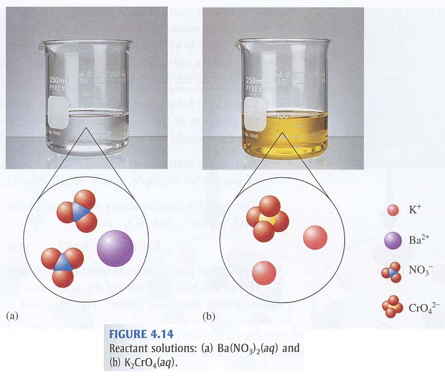 The Reaction and its Products: When we mix the two solutions, we can identify the four different kinds of ions as possible reactants and we can describe the products as a yellow solid in contact with
