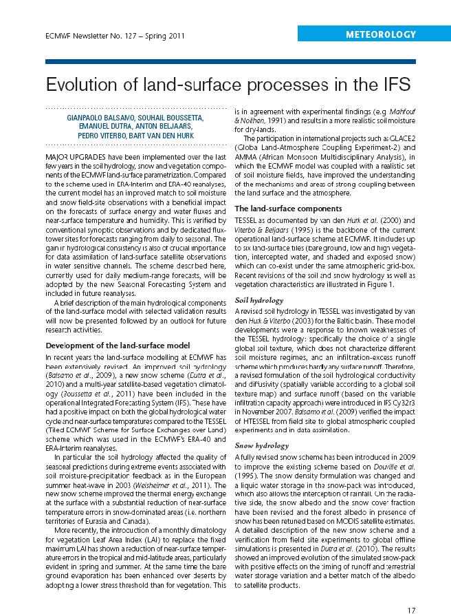 Land surface model status in 36R4 (as in S4) An ECMWF Newsletter article in Spring 2011 issue