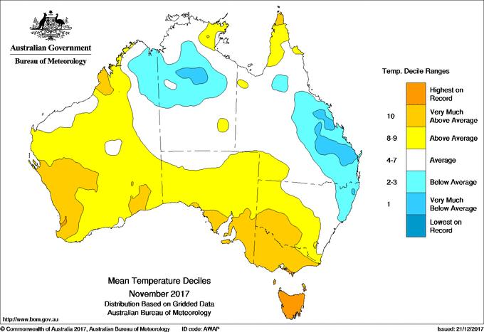 Mean temperatures for Tasmania for November were the highest on record almost everywhere in the State, except for the Bass Strait islands (Figure 8). The statewide average was 2.