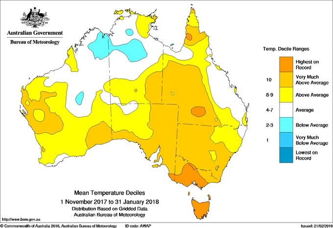 For the November January period, mean temperatures were 2.05 C above the 1961 1990 average for Tasmania, and 2.44 C above average for Victoria.