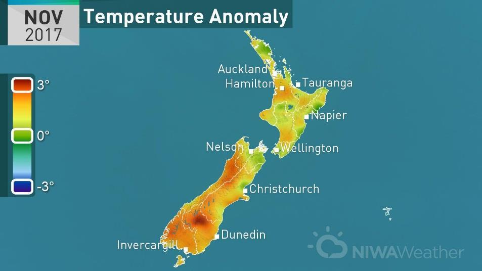 Figure 3. Mean temperature anomaly for New Zealand, November 2017 (1981 2010 climatology period).