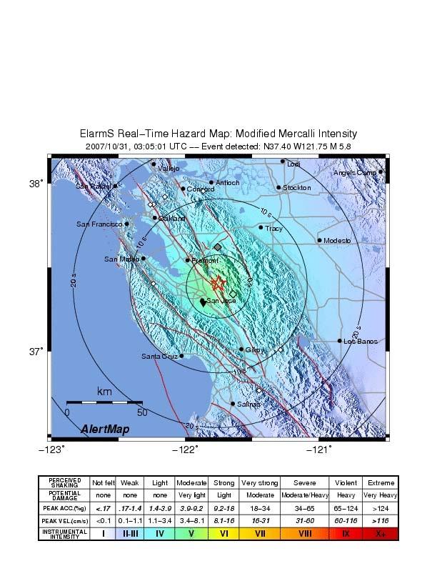 ElarmS-RT AlertMap Alum Rock earthquake October 30, 2007 M w 5.