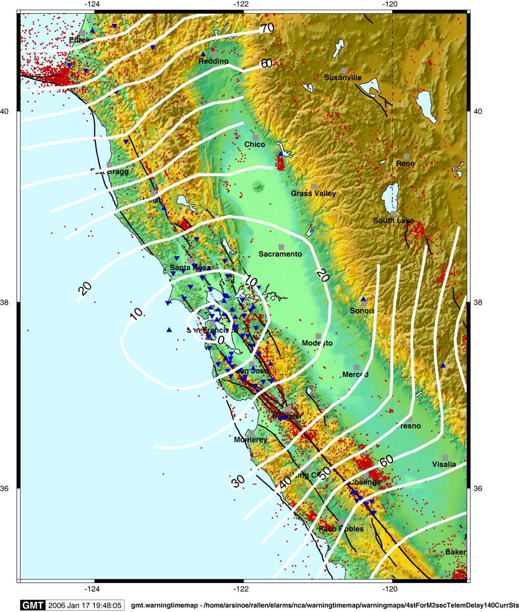 Warning times for San Francisco Range of warning times: 0 to 1 min