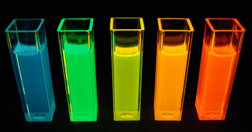 40 Figure 3-3: Different sized QD samples emitting fluorescence while being illuminated by a UV-lamp An Horiba Jobin Yvon Fluoromax -4 spectrofluorometer was used to measure the emission profile of