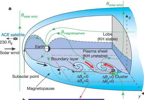 We consider the interaction of the solar wind with the magnetospheric plasma at low latitude and discuss the role of the magnetic field advected by the Kelvin - Helmholtz vortices generated by the
