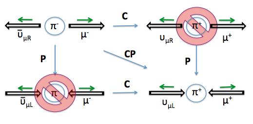 Figure 1: An illustration of the possible decays of a pion. The black arrow represents the spin vector and the green arrow represents the momentum orientation.
