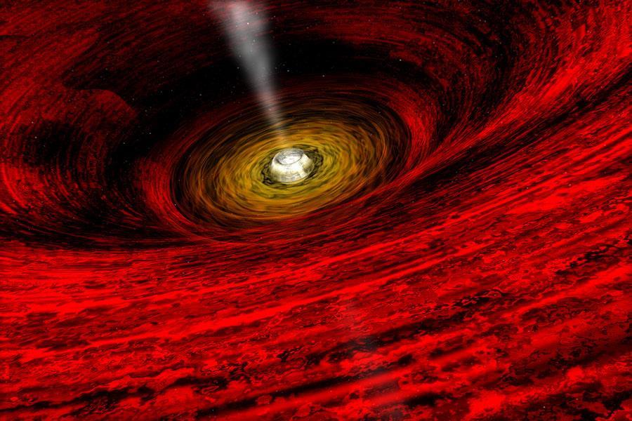 If energy and matter isn t too close to the black hole, the accretion disk can send it flying off into space, as in this artist s impression of a black hole.