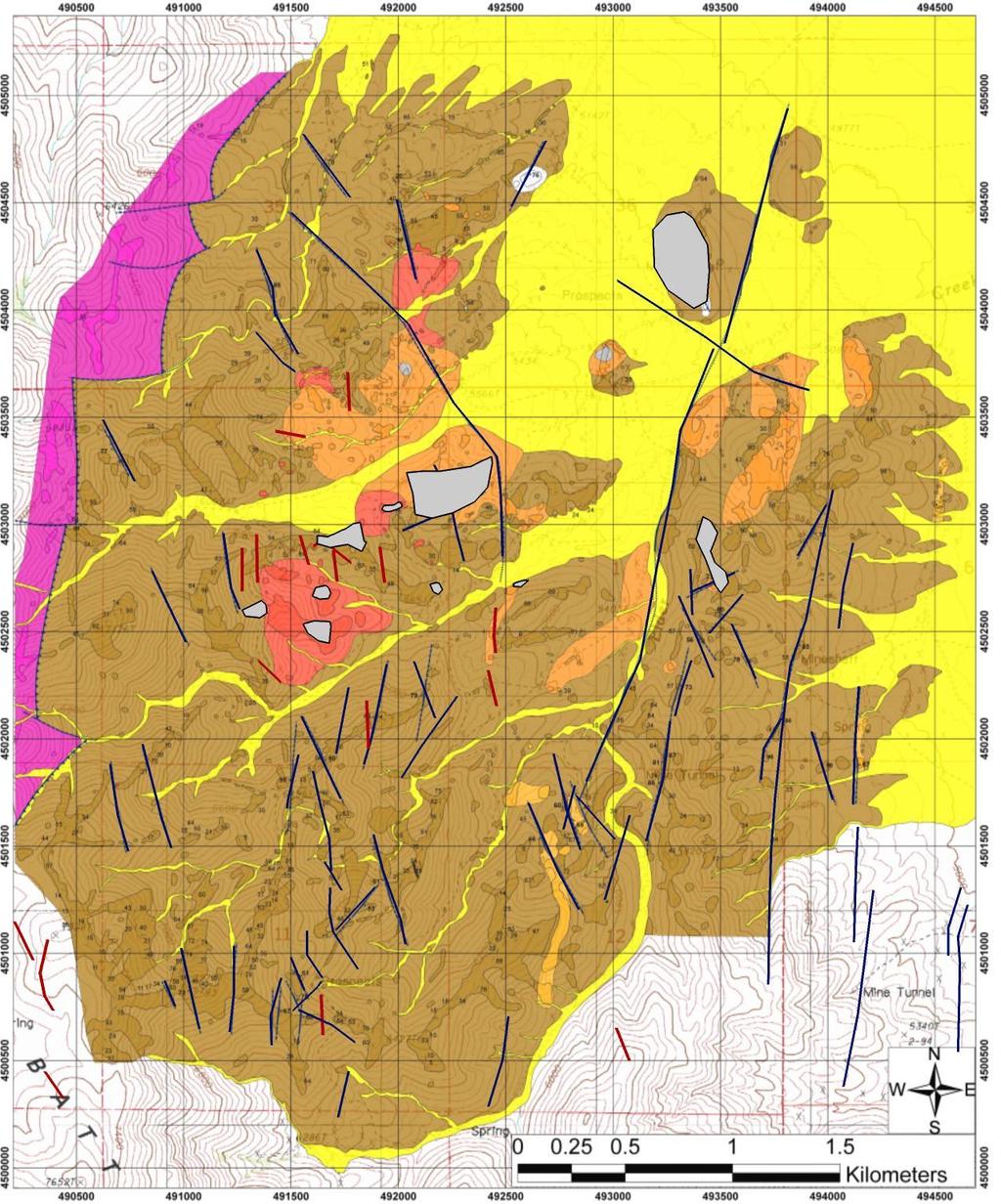 Elder Creek Project Geology and Alteration Simplified geology map showing the distribution of faults and felsic dikes compiled from Theodore (1996) and King (2011).