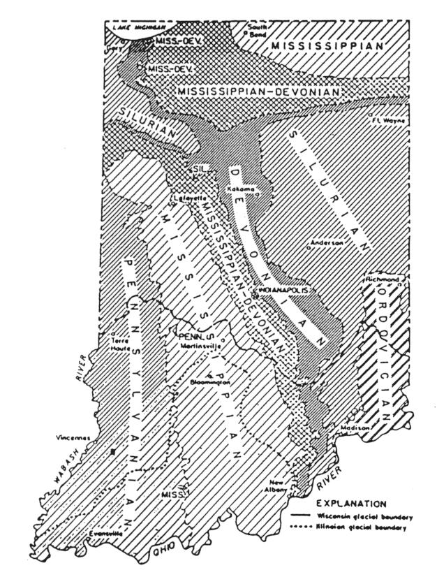 BEDROCK DEPOSITS As shown in the bedrock map of Indiana (Figure 2-4), the bedrock belongs to five geologic periods which are listed from the oldest to youngest: Ordovician, Silurian, Devonian,