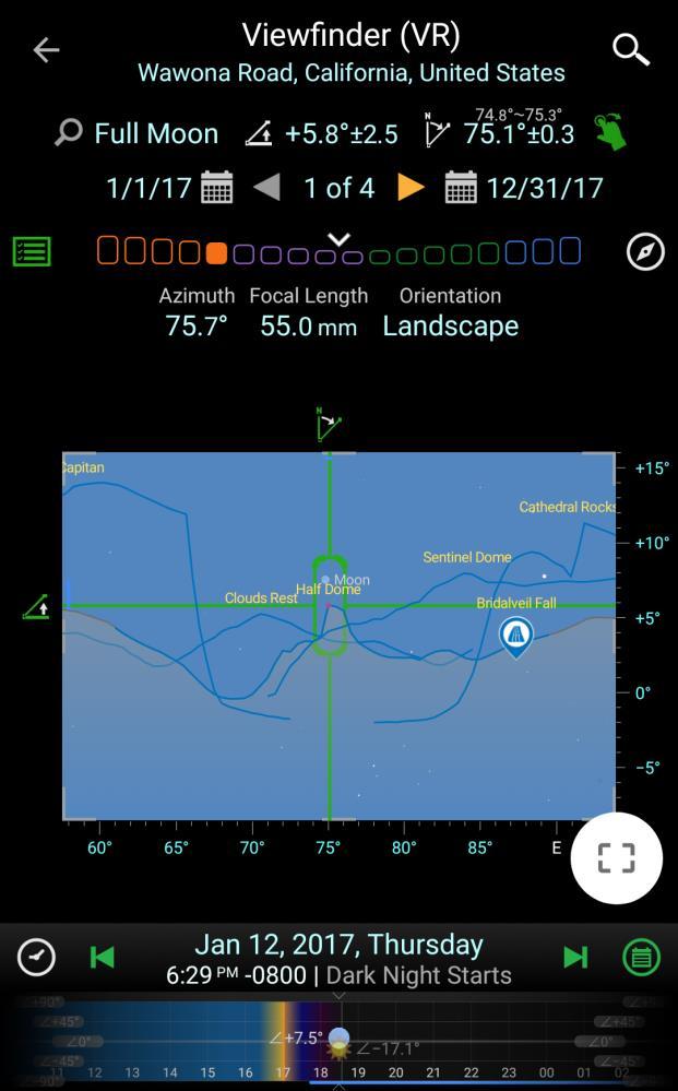 Sun/Moon Finder in the Viewfinder You can of course type in the azimuth and elevation angle as degrees in the two dialog boxes, but it is more straightforward to define and see the target area of the