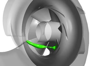 The piece of the vortex cavitation cut by the impeller blade leading edge flows into an impeller passage downstream and is collapsed on the pressure side, which causes the sudden pressure rise, at θ