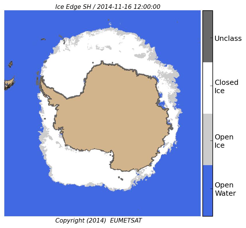 Ice Edge (OSI-402) Sea Ice Edge product: Classification product that distinguish between Open Water, Open Sea Ice (3070%) and Closed Sea Ice (>70%) Data used: SSMIS brightness temperature (uses ECMWF