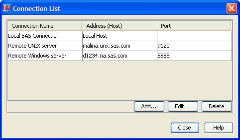 SAS Connections 6513 To define a SAS connection, click the Define connection button. The Connection List window appears, as shown in Figure 78.20. To create a new connection, click Add.