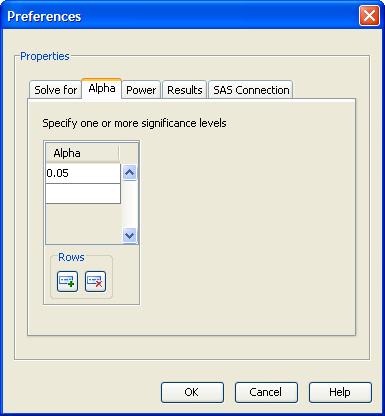 Setting Preferences 6517 Setting Alphas Click the Alpha tab to enter one or more values for alpha. Alpha is the significance level (false positive probability).