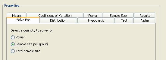 Additional Topics 6551 Figure 78.57 Solve For Tab with Sample Size Selected For either of the two sample size options, you must specify one or more values for power on the Power tab.
