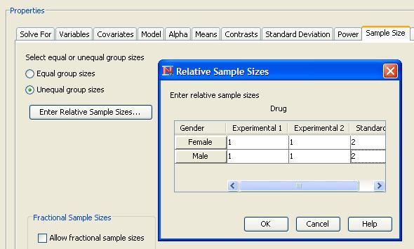 6564 Chapter 78: The Power and Sample Size Application For the example, select the Unequal cell sizes option, as seen in Figure 78.72, and then click the Enter Relative Sample Sizes button. Figure 78.73 shows the window in which you can enter relative sample sizes.