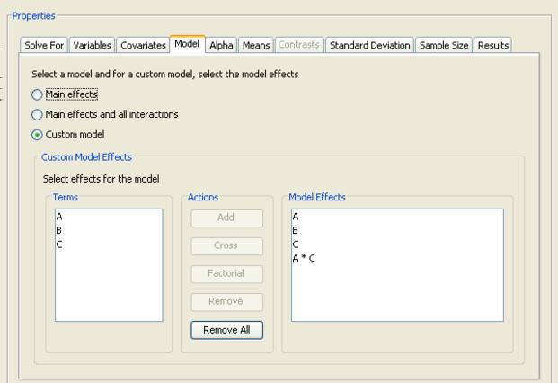 Additional Topics 6567 Figure 78.76 Model Tab with Custom Model Builder Displayed Add the three main effects (A, B, C) by selecting them in the Terms list and clicking the Add button.