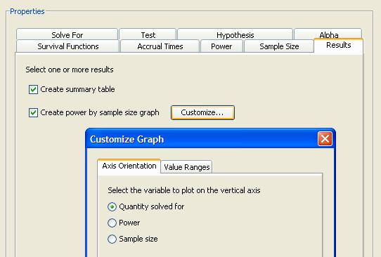 6578 Chapter 78: The Power and Sample Size Application Click the Customize button beside the Create power by sample size graph check box to customize the graph.