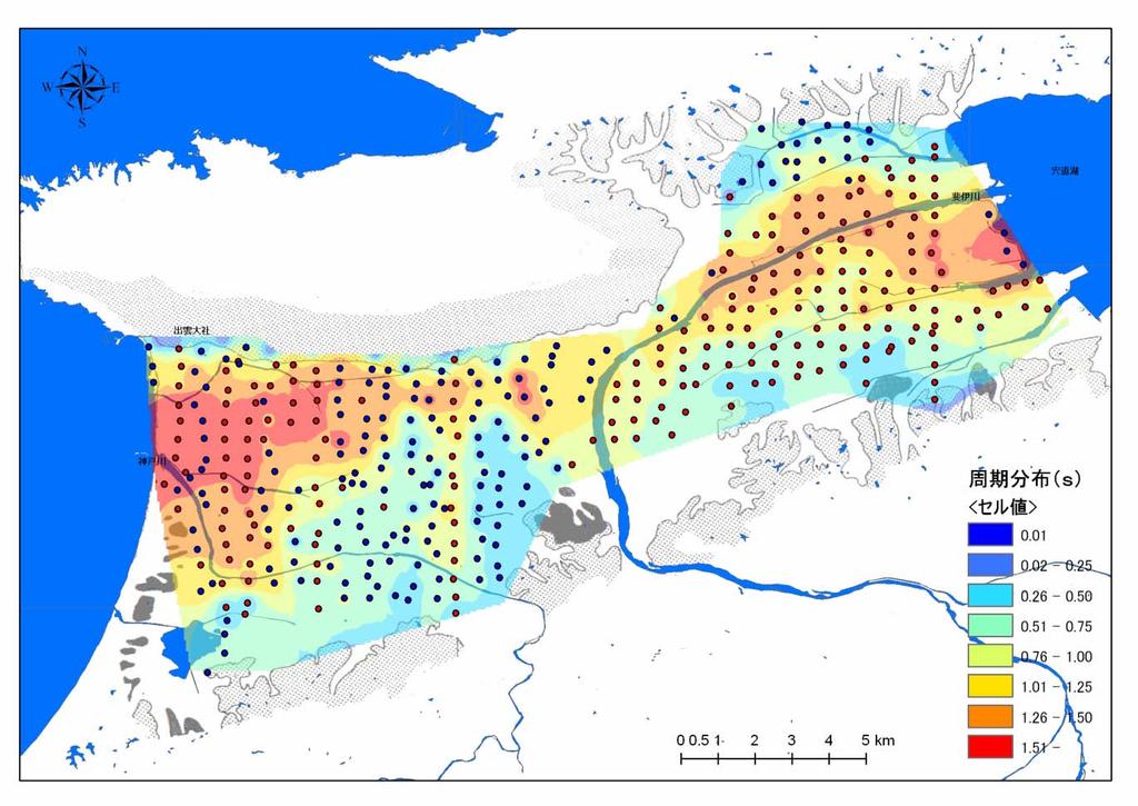 A contour map of the peak periods of H/V is shown in Fig. 2. A long period like a belt can been seen in the eastern area.