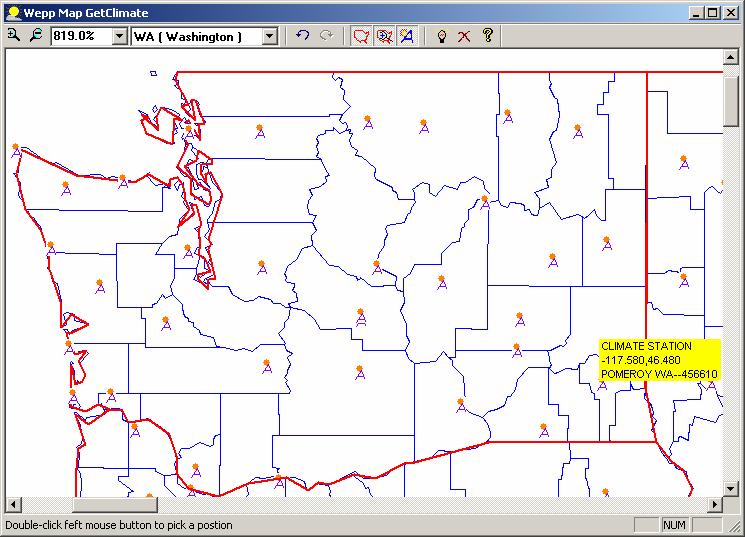 Figure 1. Map feature of WEPP Windows interface with the nearest climate station to the wildfire highlighted by the cursor. This view shows the location of weather stations in Washington State.