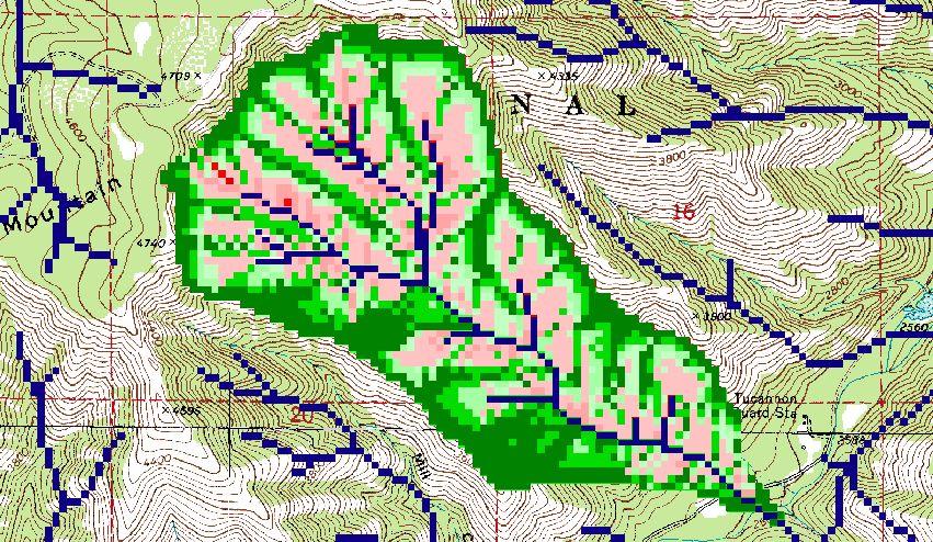 Figure 2. Results of a single Flowpath analysis for a 230 ha (568 acre) subwatershed on the School Fire, WA.