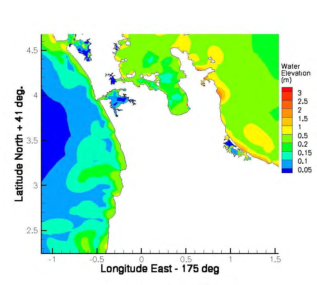 Figure 4.3.1-1: Maximum water surface elevations for an eastern distant source. Mercury Bay is one area along the Coromandel that has an amplified response to distant tsunamis.