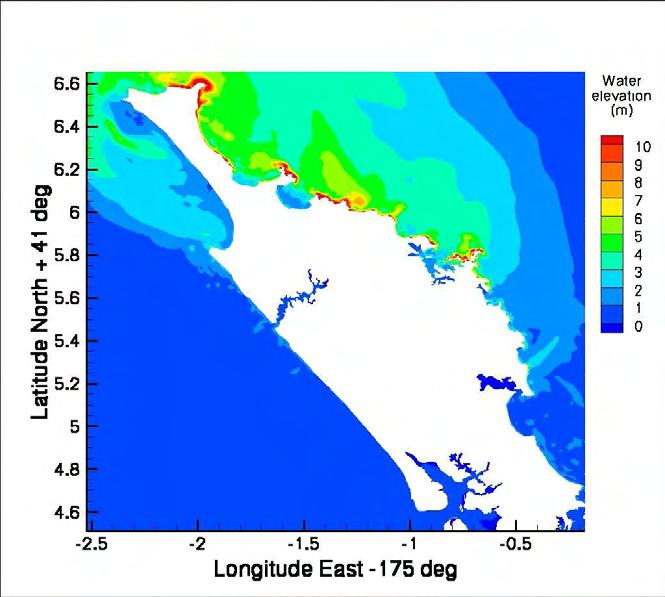Figure 4.1.4-1: Maximum water surface elevations for a submarine landslide near Three Kings Islands. Figure 4.1.4-2: Maximum water surface elevations for a submarine landslide northeast of North Cape.