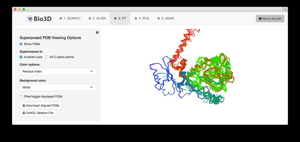 Figure 9: Structure superposition of all collected PDBs in the browser window. Here the structures are colored according to their cluster membership.