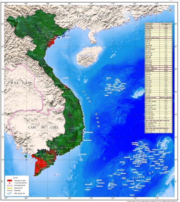 QĐ Hoàng Sa (Việt Nam) QĐ Trường Sa (Việt Nam) Projection - Inundation Risk If sea level rise 100cm 16.0% Red River Delta, 1.5% coastal province in the Central (Thanh Hóa - Bình Thuận), 17.