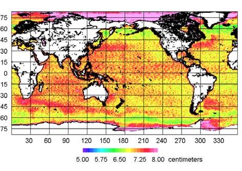 Large scale differences of the order of +/- 5 cm from east to west in the Pacific Ocean. These differences reflect inter-annual ocean variability that is averaged differently.