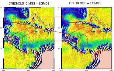 surface created from the interpolation process. To quantify smoothing error and noise level as it is possible to look at the difference between MSS and the EGM08 geoid.