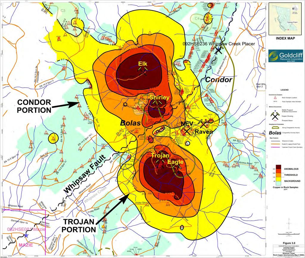 The Condor Portion is situated north-west of the Whipsaw fault and contains the Shirley and Elk copper showings.