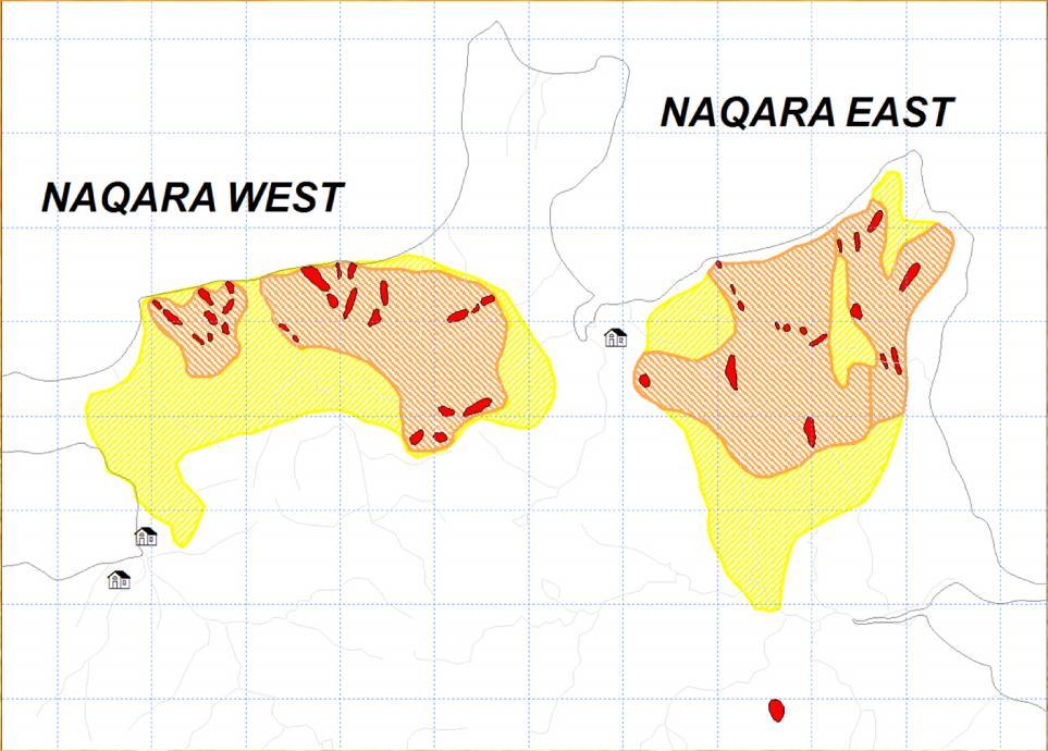 ONO ISLAND Naqara West is a 2.2km x 0.8km WNW trending advanced alteration zone. Naqara East has a 1.4km x 1.4km alteration zone.