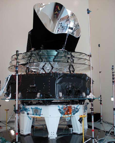 Figure 4.3.2. The fully-assembled Planck satellite being readied for acoustic tests. of observing time. The spacecraft will be spin-stabilised at 1 rpm.