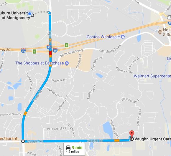 onto Crossland Loop Directions from AUM Athletics Complex to Vaughn Urgent Care Turn right onto AUM Dr.