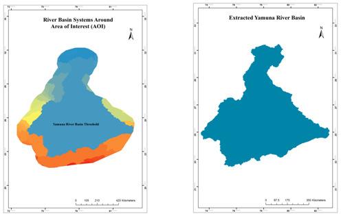 Figure 5(a): River Basin System AOI, (b) Extracted Yamuna River Basin from AOI Districts of Lower UnderYamuna River Basin: - After