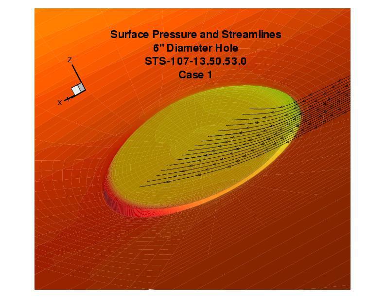 ) Figure 14: View of streamlines entering six-inch breach showing significant retention of external streamwise momentum.