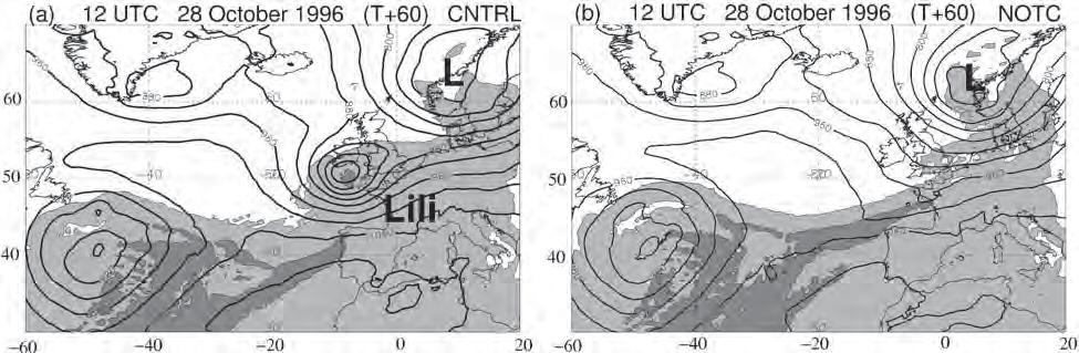 Both forecasts were started at 0000 UTC 26 Oct 1996. Data are plotted at 12-hourly intervals. presented in this paper follows a moderate intensification.