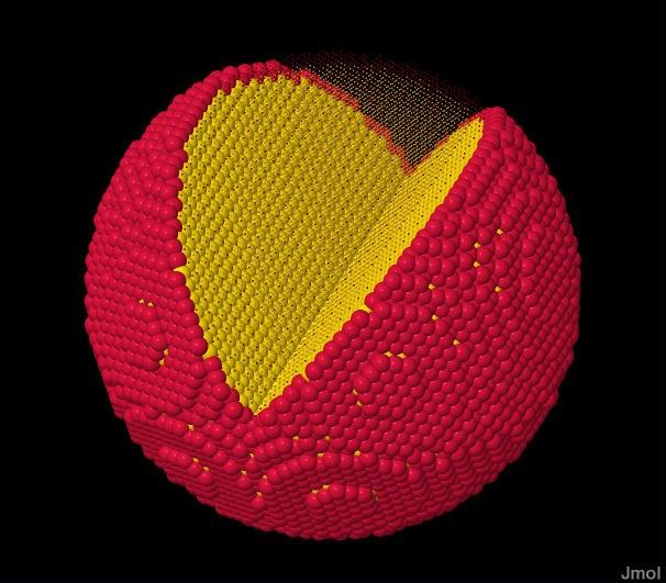 Figure S11 shows the catalytically active surface atoms in red and volume atoms in yellow.