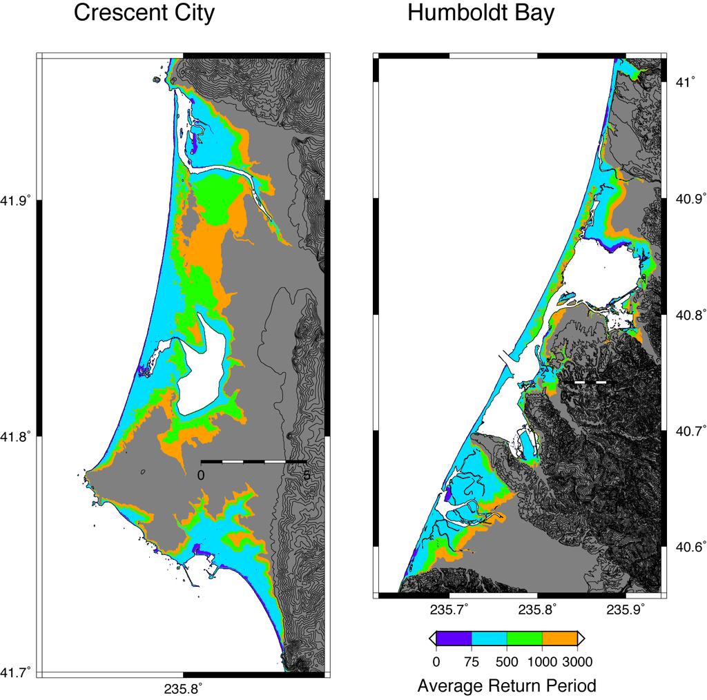 Figure 4.1 Probabilistic tsunami inundation map for two areas along the Cascadia coast of California, Crescent City (left) and Humboldt Bay (right).